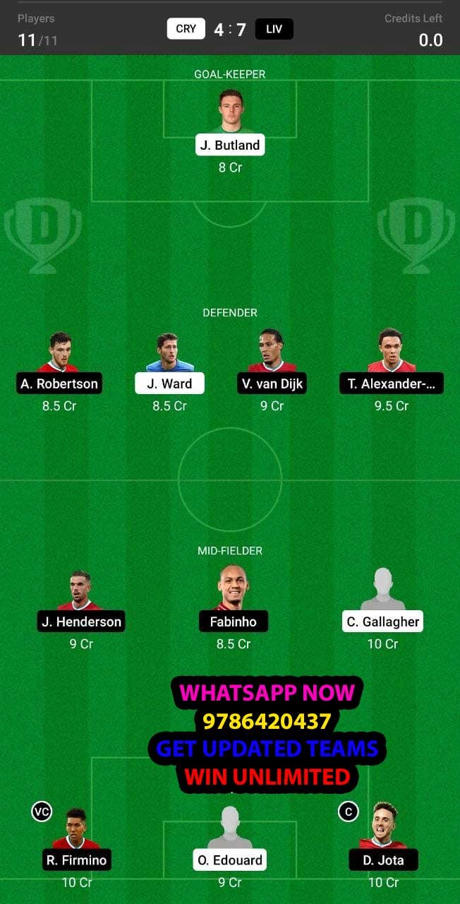 CRY vs LIV Dream11 Team fantasy Prediction Premier League