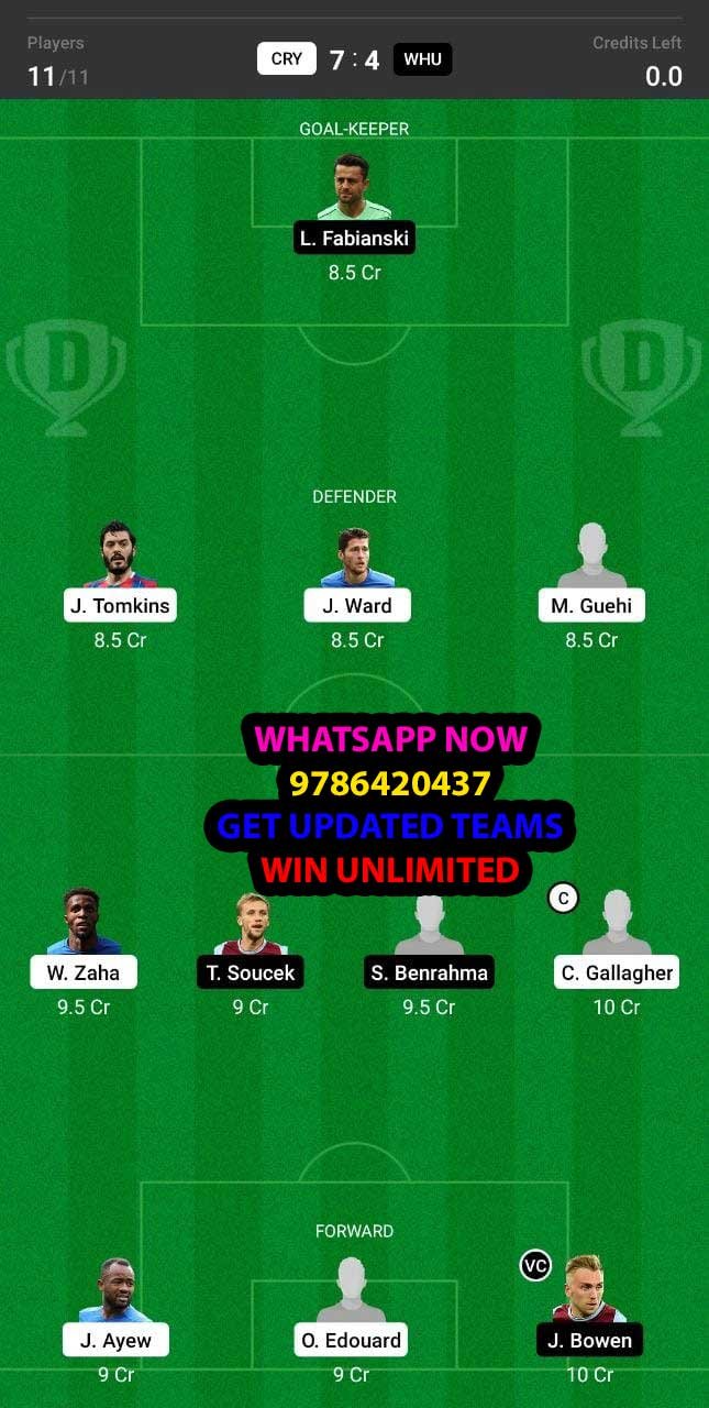 CRY vs WHU Dream11 Team fantasy Prediction Premier League