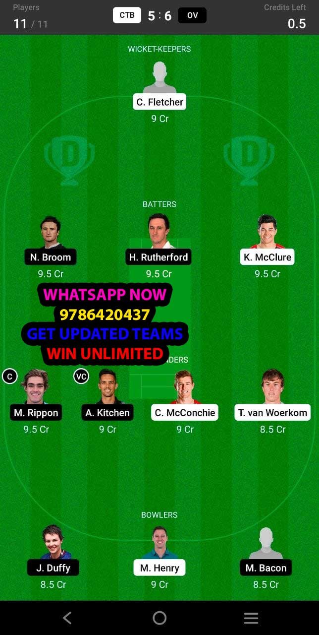 CTB vs OV 11th Match Dream11 Team fantasy Prediction New Zealand Domestic One-Day Trophy