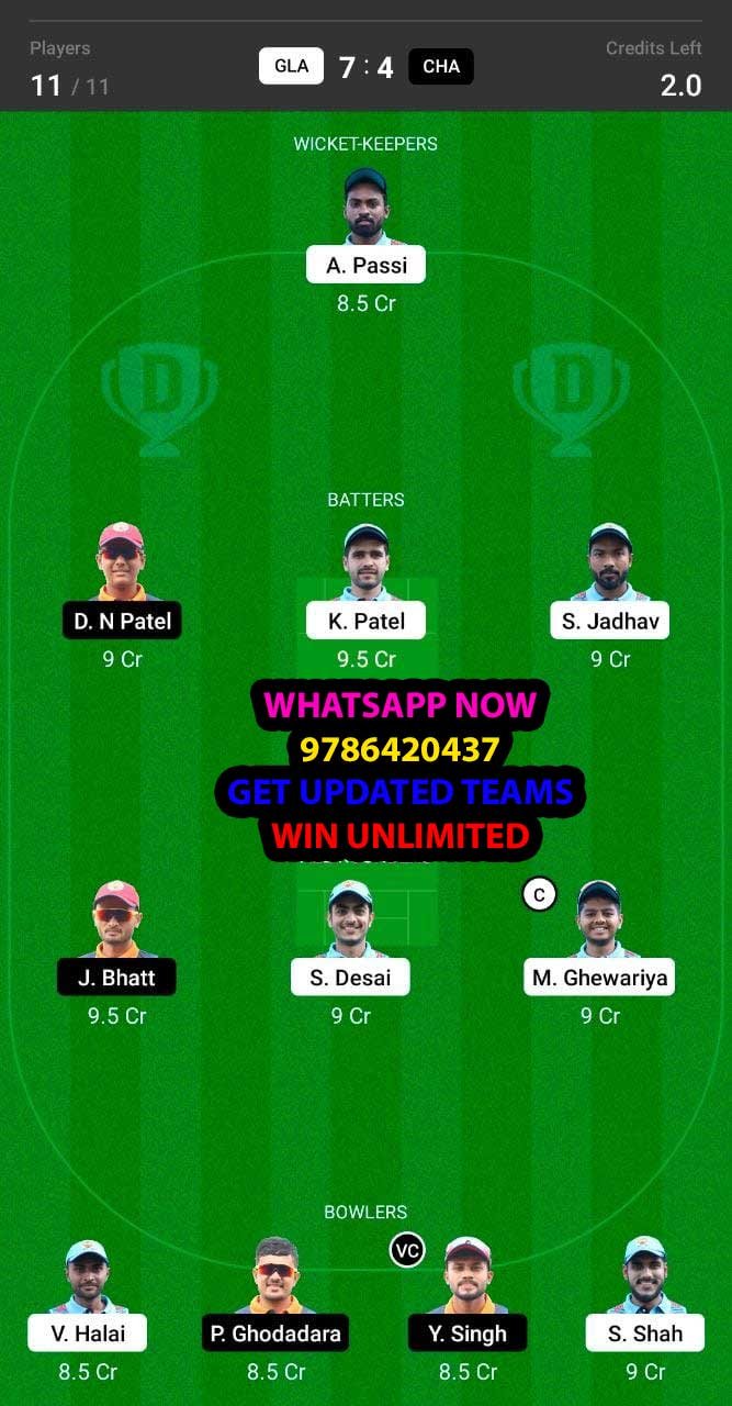 GLA vs CHA 12th Match Dream11 Team fantasy Prediction BYJU'S Baroda T20 Challenge