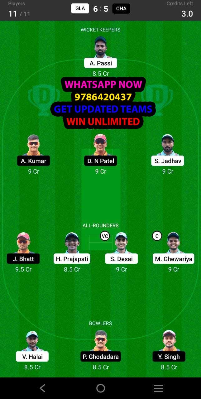 GLA vs CHA 23rd Match Dream11 Team fantasy Prediction BYJUS Baroda T20 Challenge