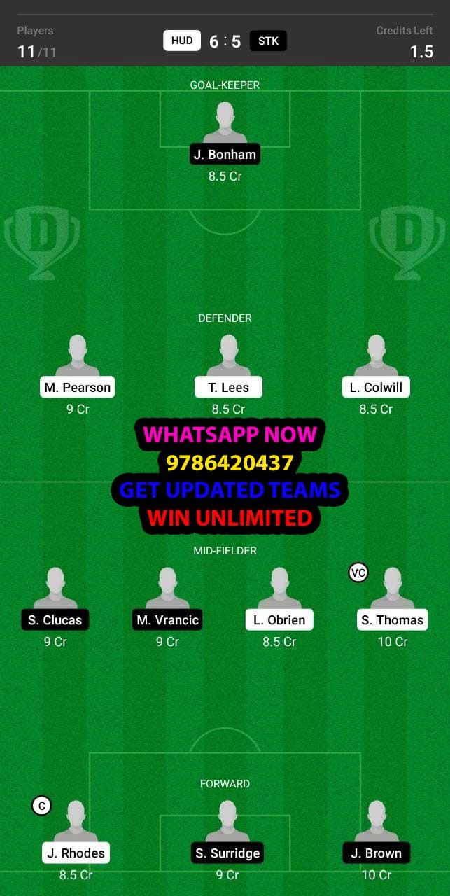 HUD vs STK Dream11 Team fantasy Prediction Championship