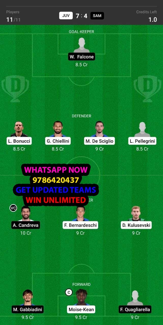 JUV vs SAM Dream11 Team fantasy Prediction Coppa Italia