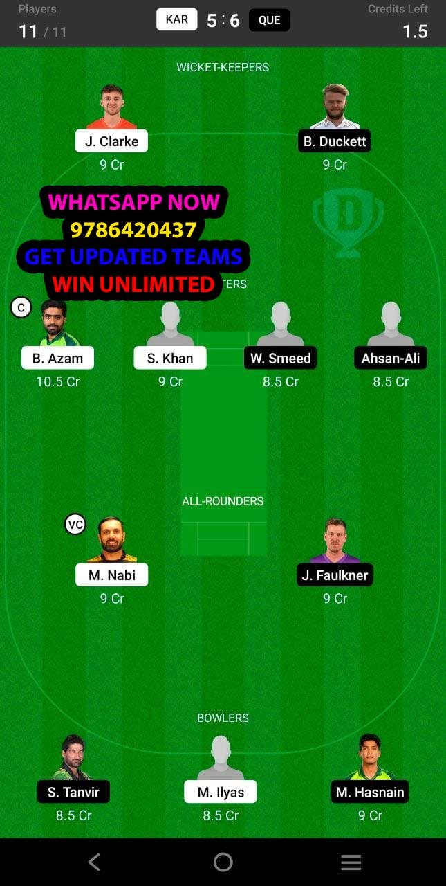 KAR vs QUE 4th Match Dream11 Team fantasy Prediction Super League T20