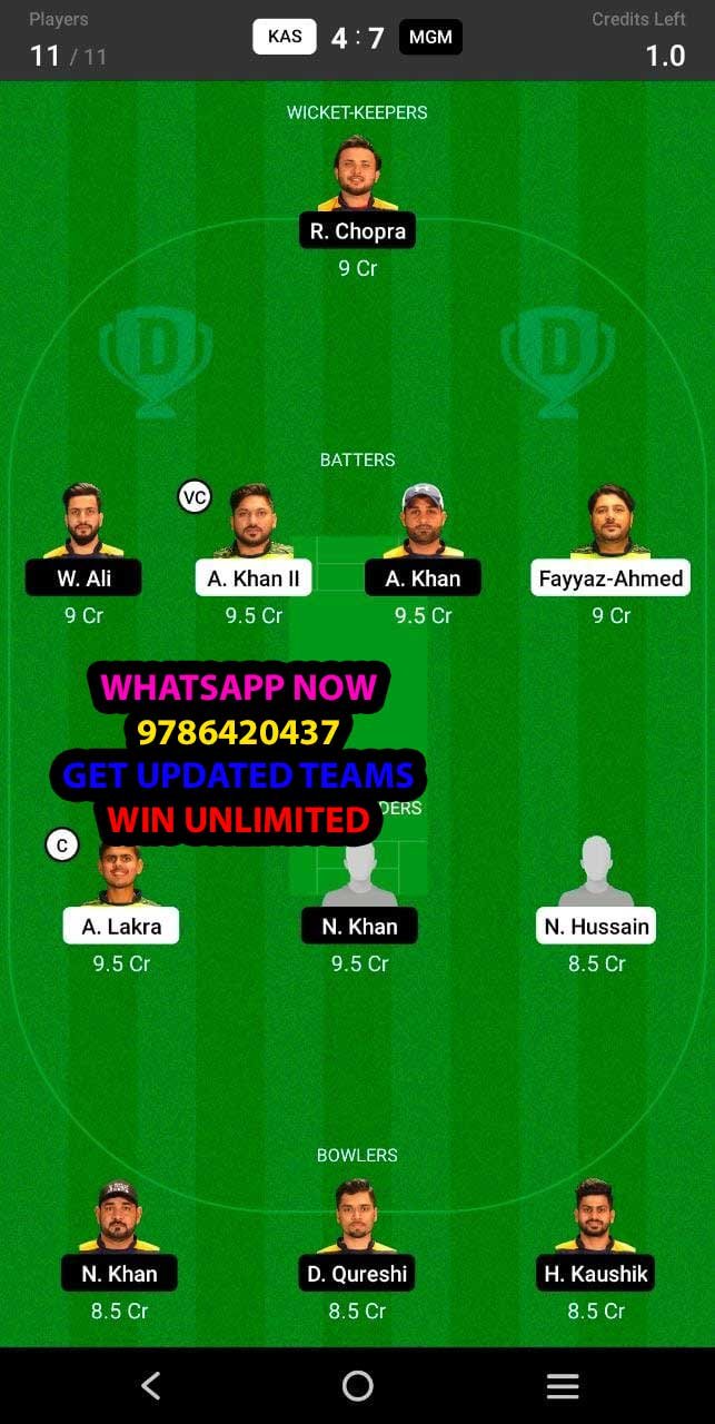 KAS vs MGM 20th Match Dream11 Team fantasy Prediction Sharjah CBFS T20