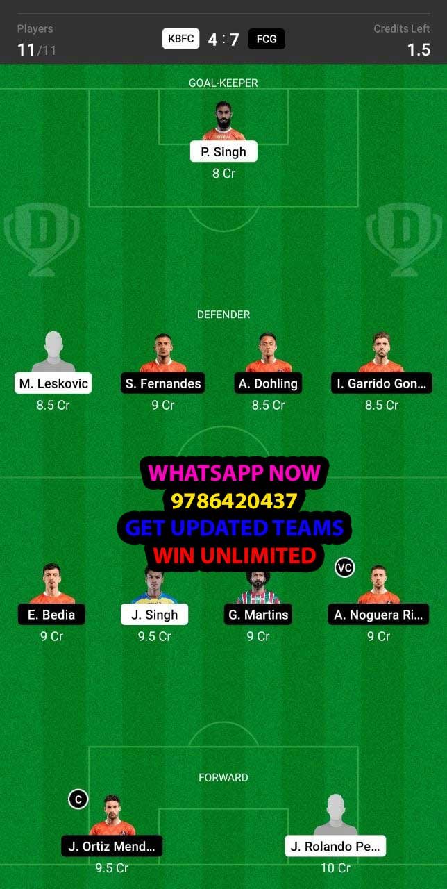 KBFC vs FCG Dream11 Team fantasy Prediction Hero ISL