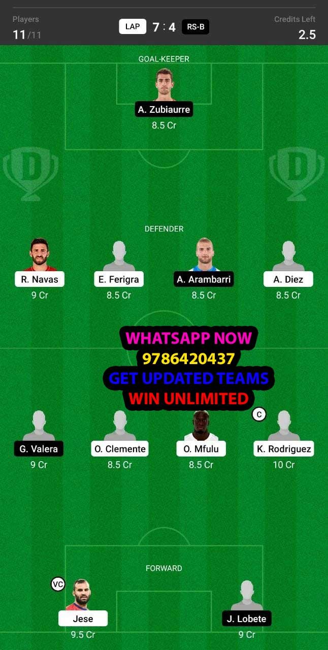 LAP vs RS-B Dream11 Team fantasy Prediction LaLiga 2