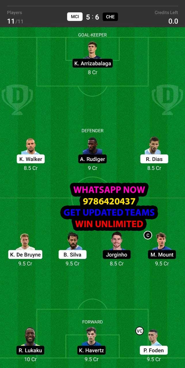 MCI vs CHE Dream11 Team fantasy Prediction Premier League