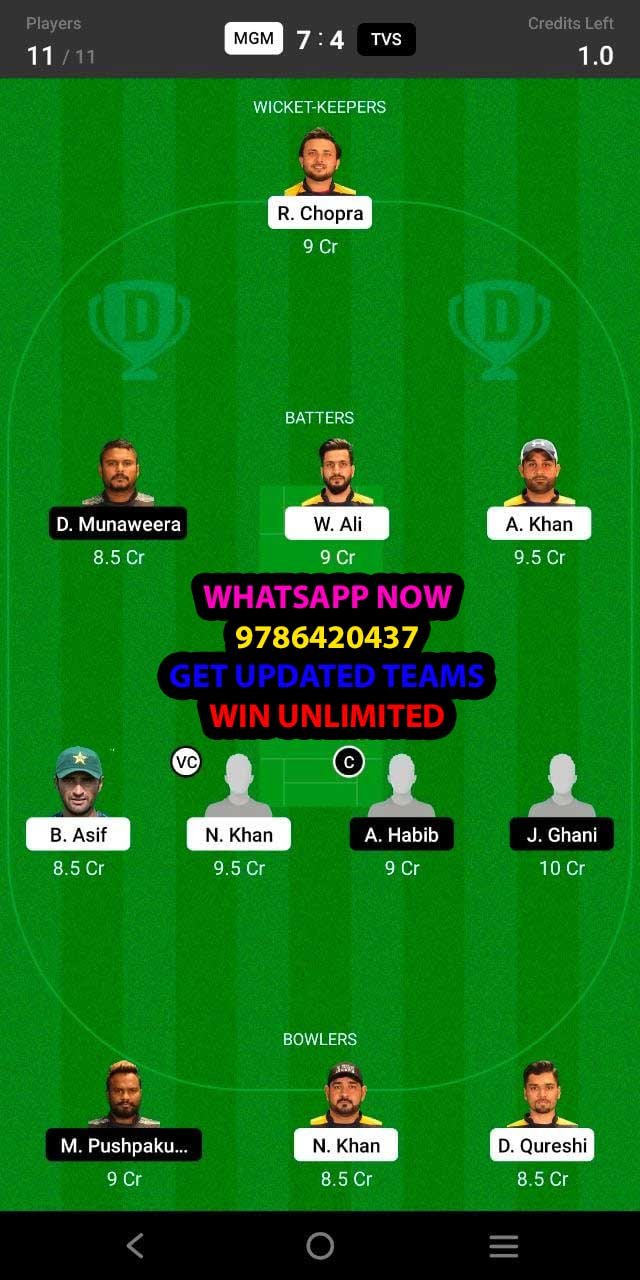 MGM vs TVS 13th Match Dream11 Team fantasy Prediction Sharjah CBFS T20