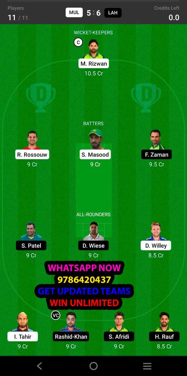 MUL vs LAH 3rd Match Dream11 Team fantasy Prediction Super League T20