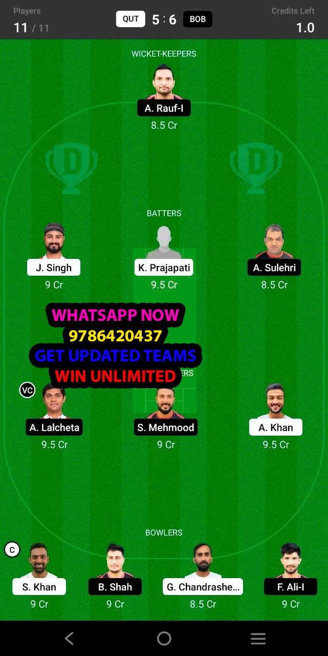 QUT vs BOB 27th Match Dream11 Team fantasy Prediction FanCode Oman D20