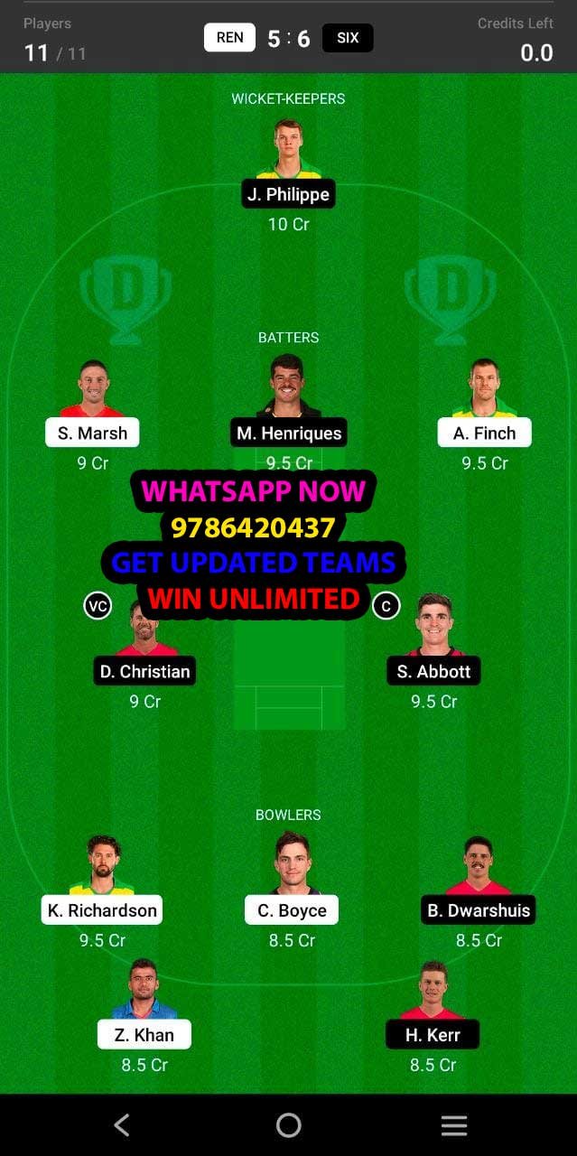 REN vs SIX 45th Match Dream11 Team fantasy Prediction KFC Big Bash League T20