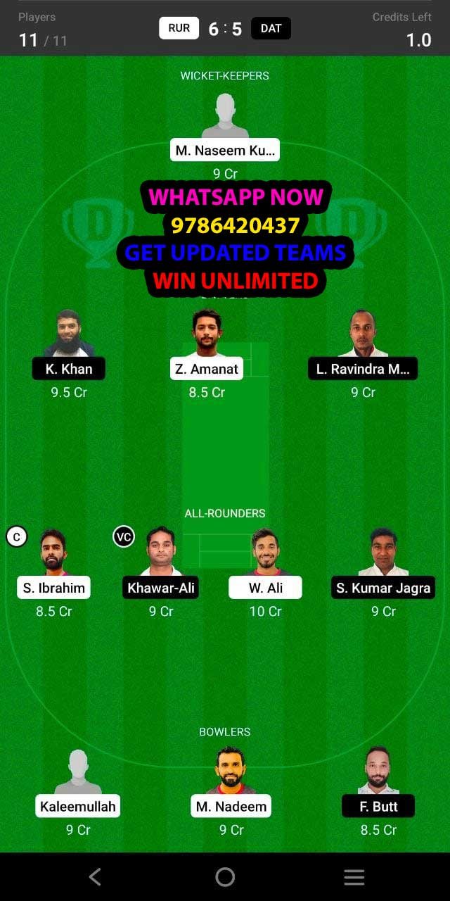 RUR vs DAT Super Four 3rd Match Dream11 Team fantasy Prediction FanCode Oman D20