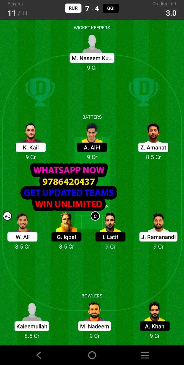 RUR vs GGI 28th Match Dream11 Team fantasy Prediction FanCode Oman D20