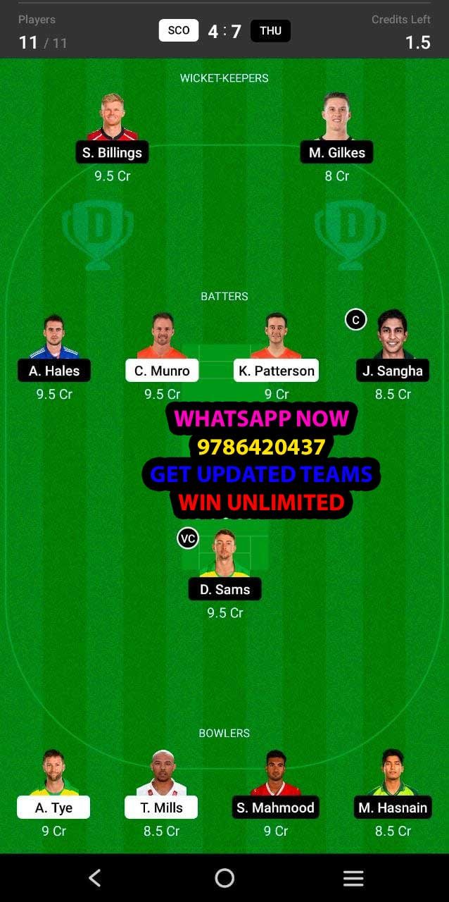 SCO vs THU 36th Match Dream11 Team fantasy Prediction KFC Big Bash League T20