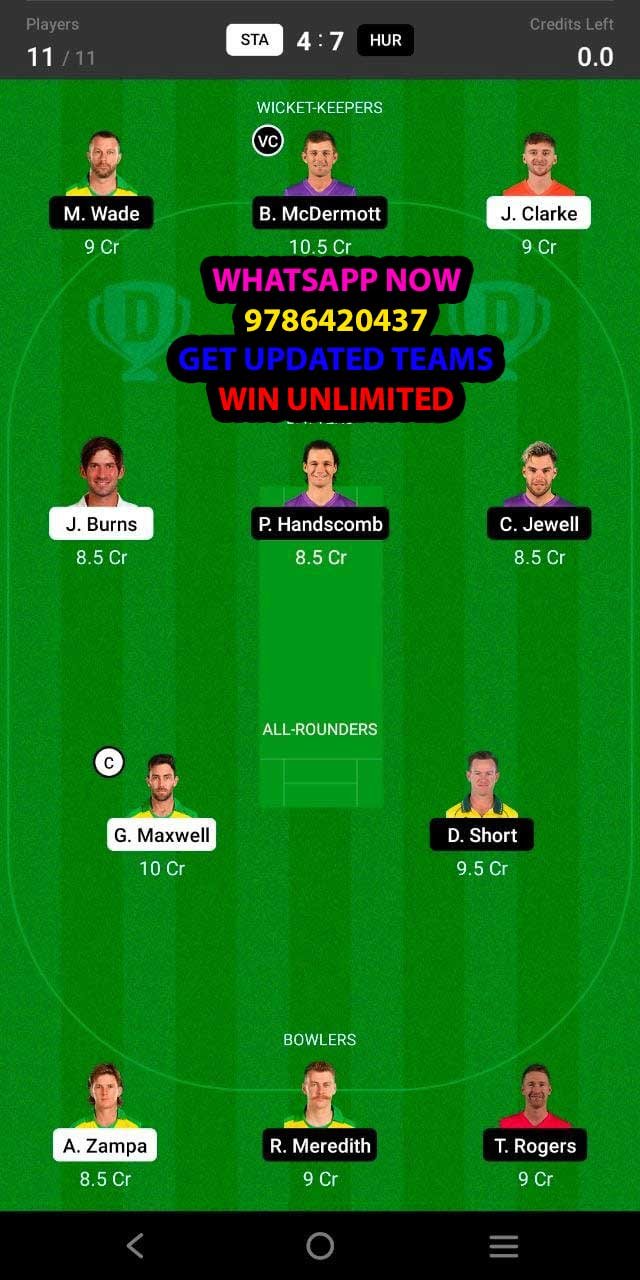 STA vs HUR 56th Match Dream11 Team fantasy Prediction KFC Big Bash League T20