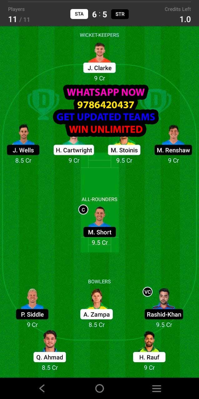 STA vs STR 43rd Match Dream11 Team fantasy Prediction KFC Big Bash League T20