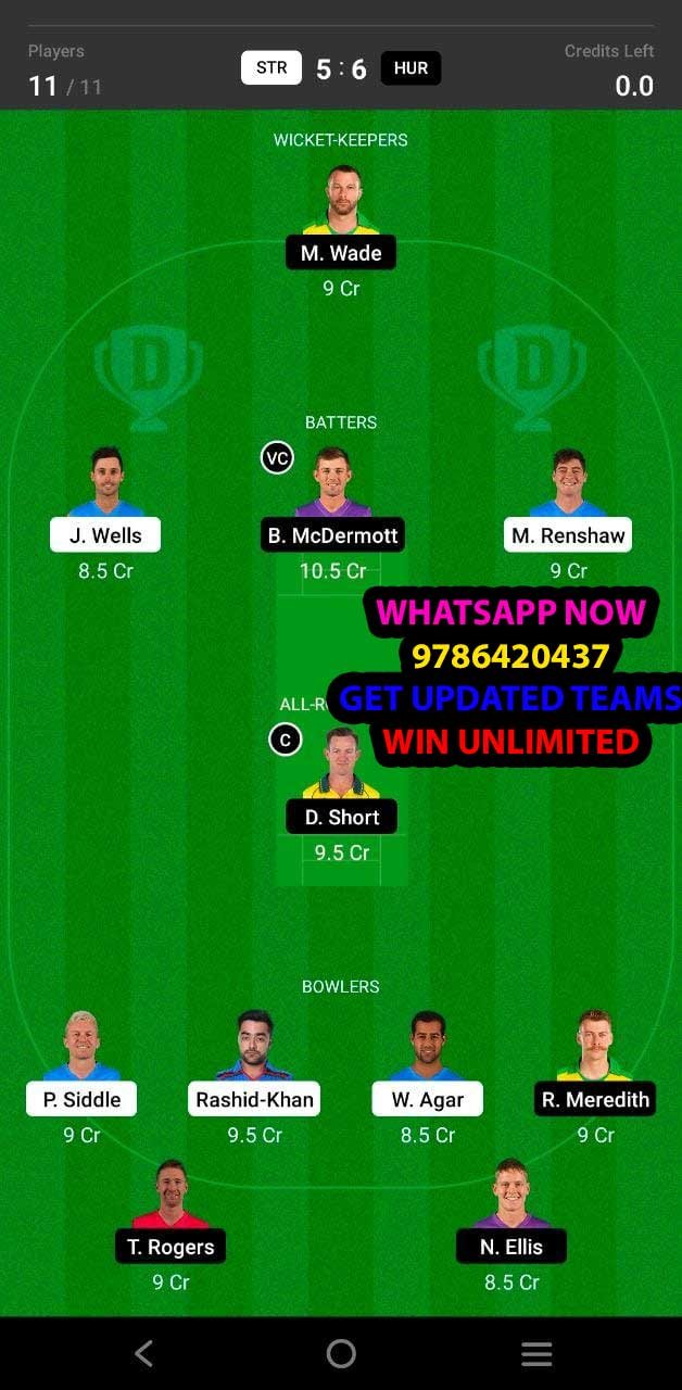 STR vs HUR 35th Match Dream11 Team fantasy Prediction KFC Big Bash League T20