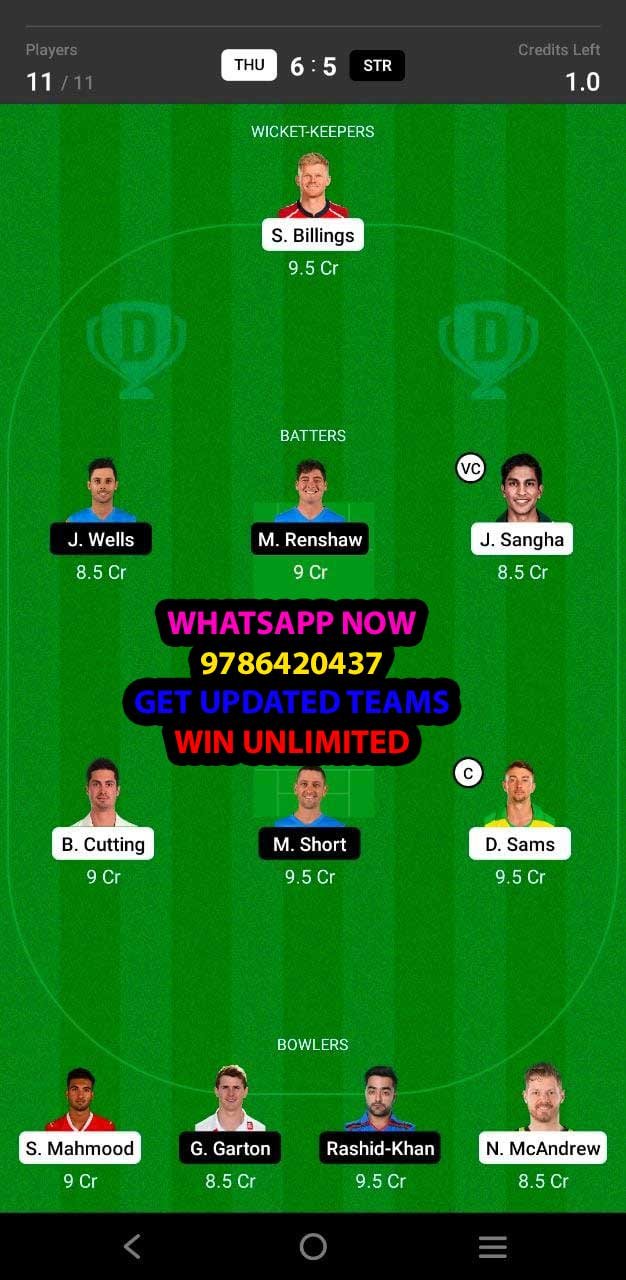 THU vs STR 32nd Match Dream11 Team fantasy Prediction KFC Big Bash League T20