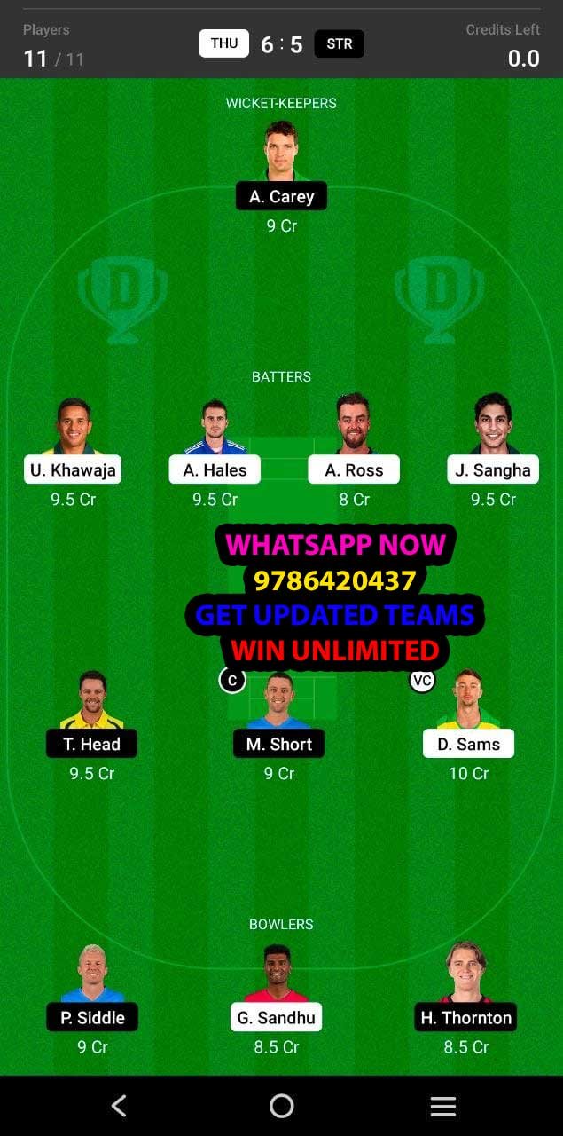 THU vs STR Knockout Match Dream11 Team fantasy Prediction KFC Big Bash League T20