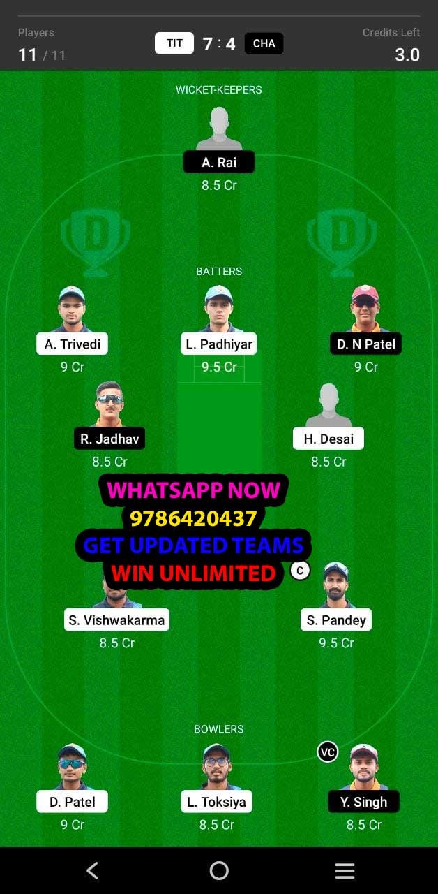 TIT vs CHA 17th Match Dream11 Team fantasy Prediction BYJU'S Baroda T20 Challenge