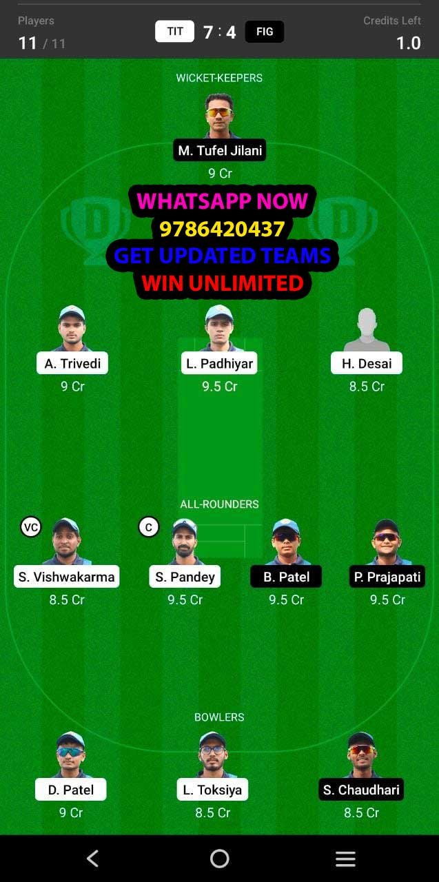 TIT vs FIG 24th Match Dream11 Team fantasy Prediction BYJUS Baroda T20 Challenge