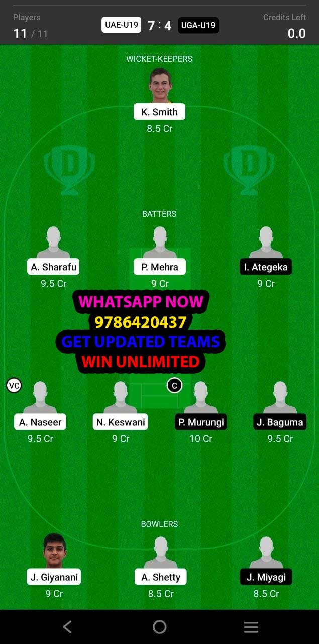 UAE-U19 vs UGA-U19 Plate Quarter Final Match Dream11 Team fantasy Prediction ICC U19 World Cup ODI