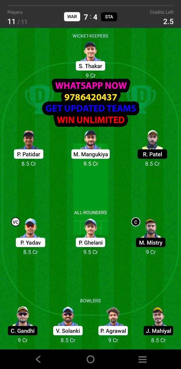 WAR vs STA 27th Match Dream11 Team fantasy Prediction BYJU'S Baroda T20 Challenge