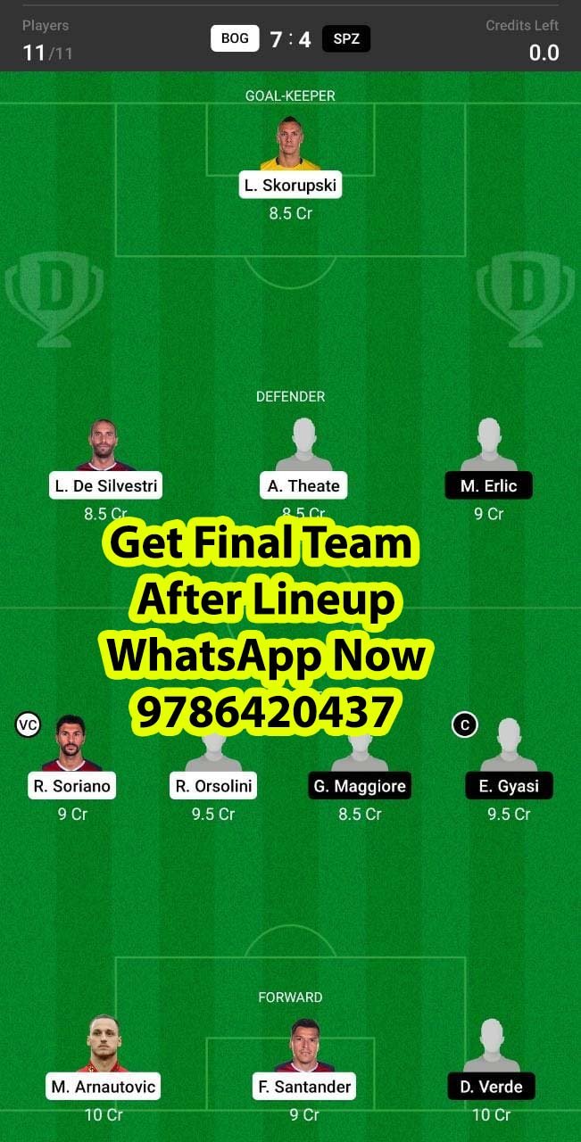 BOG vs SPZ Dream11 Team fantasy Prediction Serie A