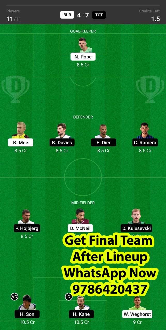 BUR vs TOT Dream11 Team fantasy Prediction Premier League