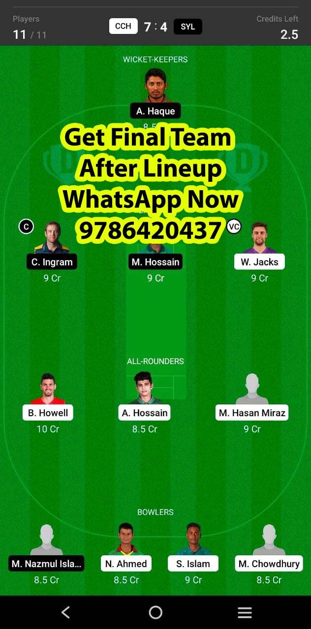 CCH vs SYL 29th Match Dream11 Team fantasy Prediction Bangladesh T20 League