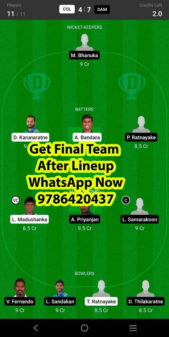 COL vs DAM 13th Match Dream11 Team fantasy Prediction Sri Lankan NSL One-Day