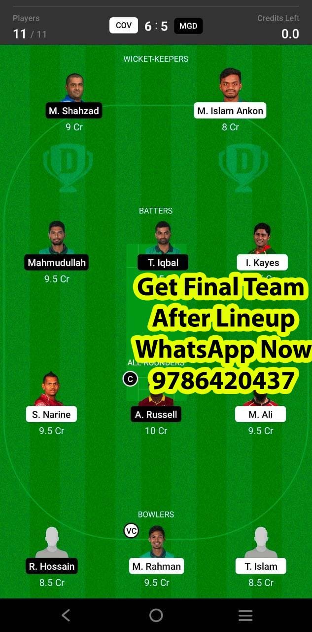 COV vs MGD 20th Match Dream11 Team fantasy Prediction Bangladesh T20 League