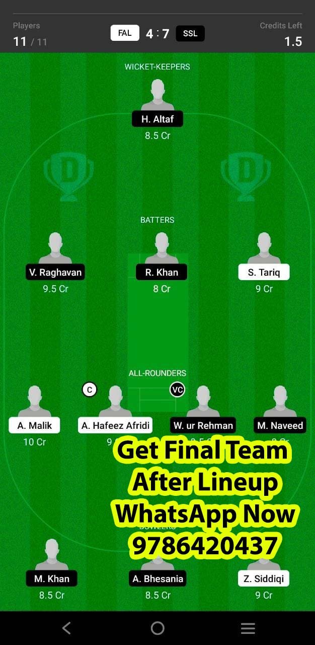 FAL vs SSL 20th Match Dream11 Team fantasy Prediction Sharjah CBFS T10