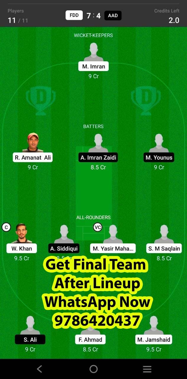 FDD vs AAD 19th Match Dream11 Team fantasy Prediction Sharjah CBFS T10