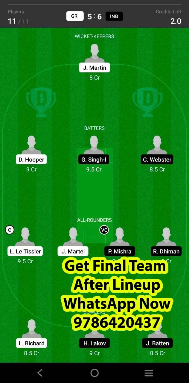 GRI vs INB 12th Match Dream11 Team fantasy Prediction European Cricket League T10