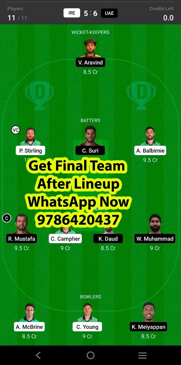 IRE vs UAE 3rd Match Dream11 Team fantasy Prediction Men's T20 WCQ