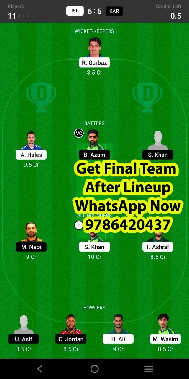 ISL vs KAR 21st Match Dream11 Team fantasy Prediction Super League T20