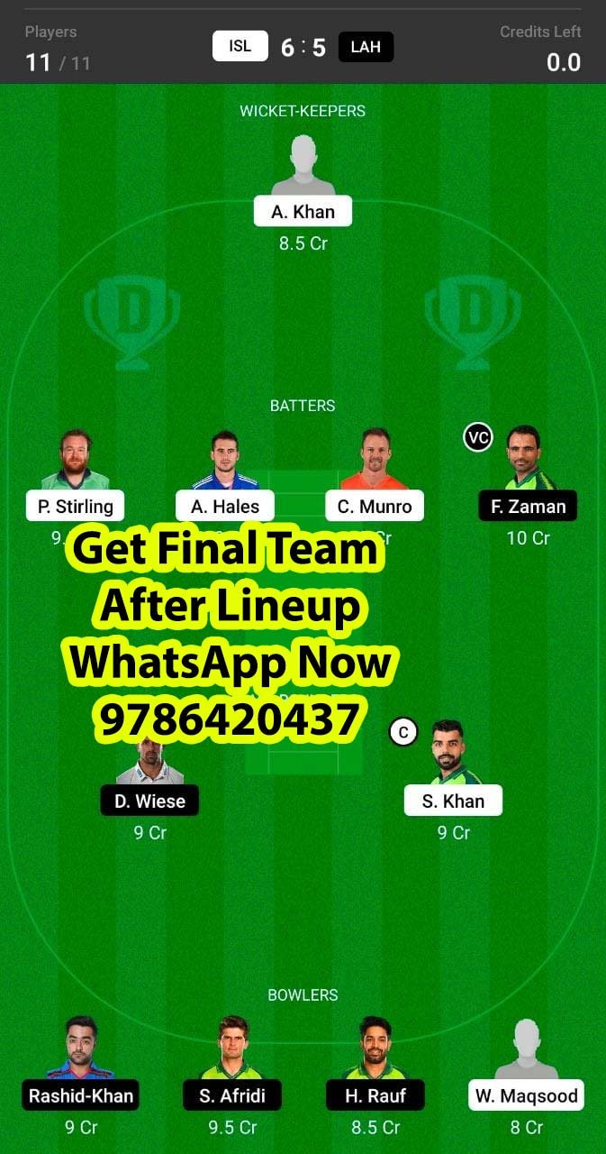 ISL vs LAH 12th Match Dream11 Team fantasy Prediction Super League T20