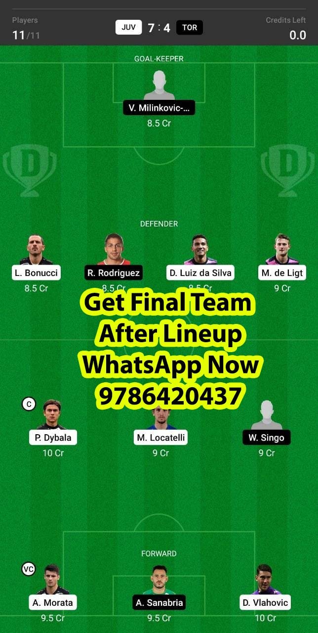 JUV vs TOR Dream11 Team fantasy Prediction Serie A