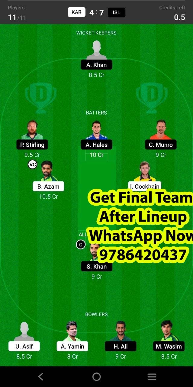 KAR vs ISL 14th Match Dream11 Team fantasy Prediction Super League T20