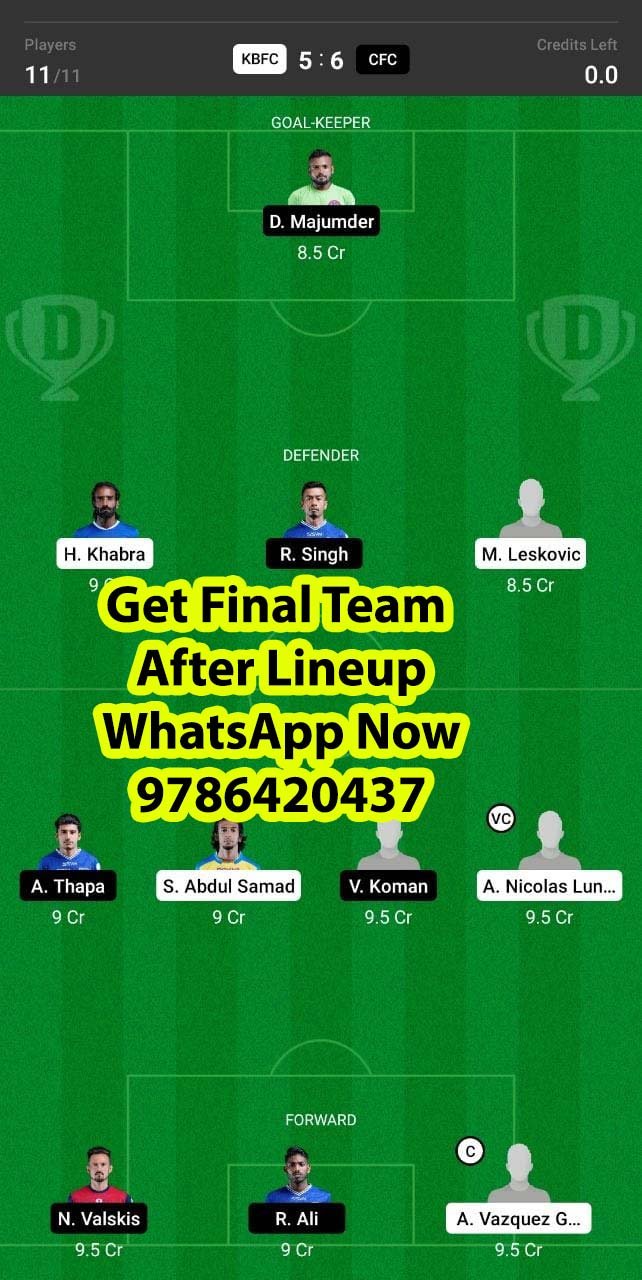 KBFC vs CFC Dream11 Team fantasy Prediction Hero ISL