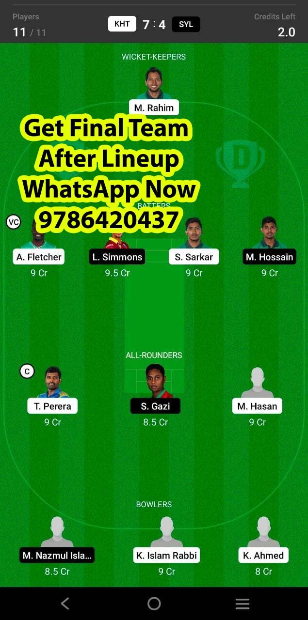 KHT vs SYL 22nd Match Dream11 Team fantasy Prediction Bangladesh T20 League