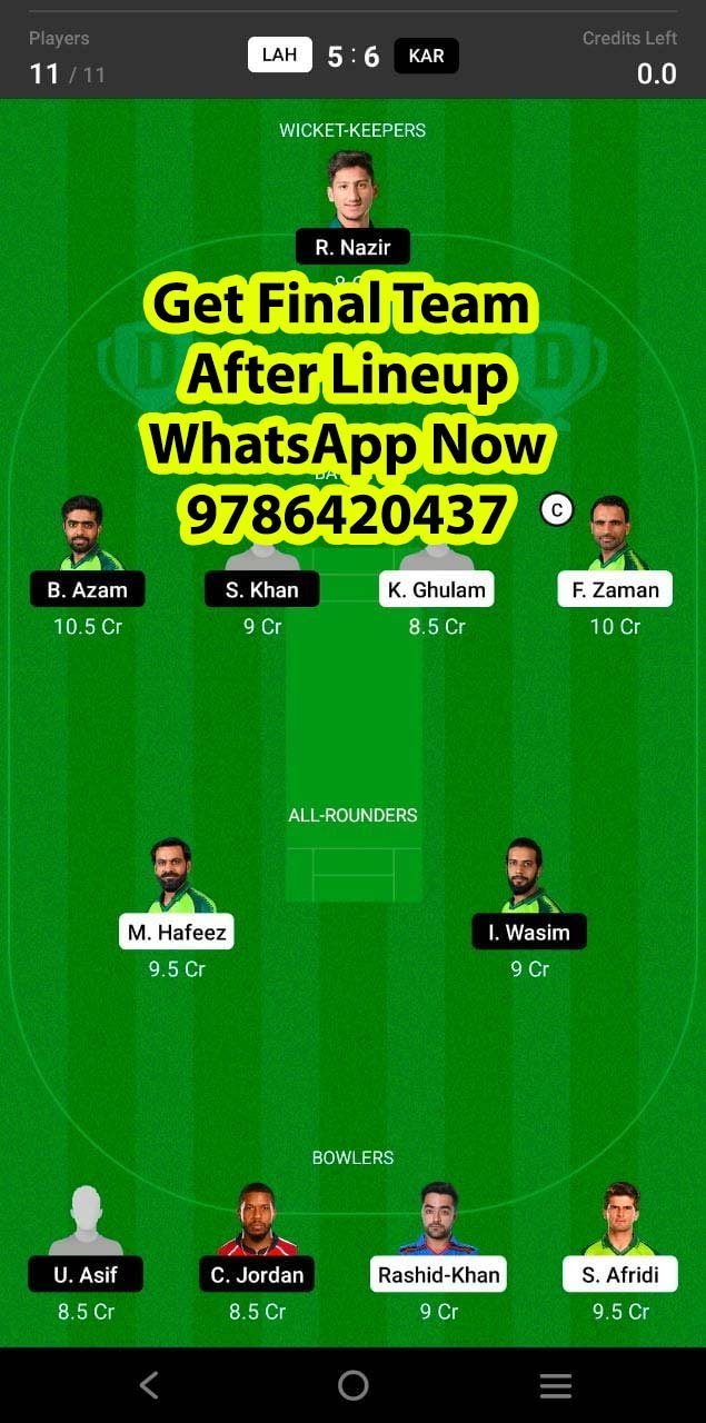 LAH vs KAR 26th Match Dream11 Team fantasy Prediction Super League T20