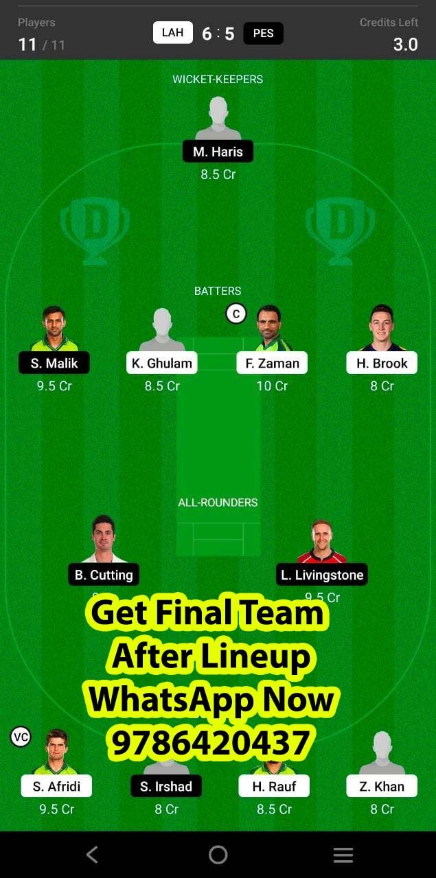 LAH vs PES 30th Match Dream11 Team fantasy Prediction Super League T20