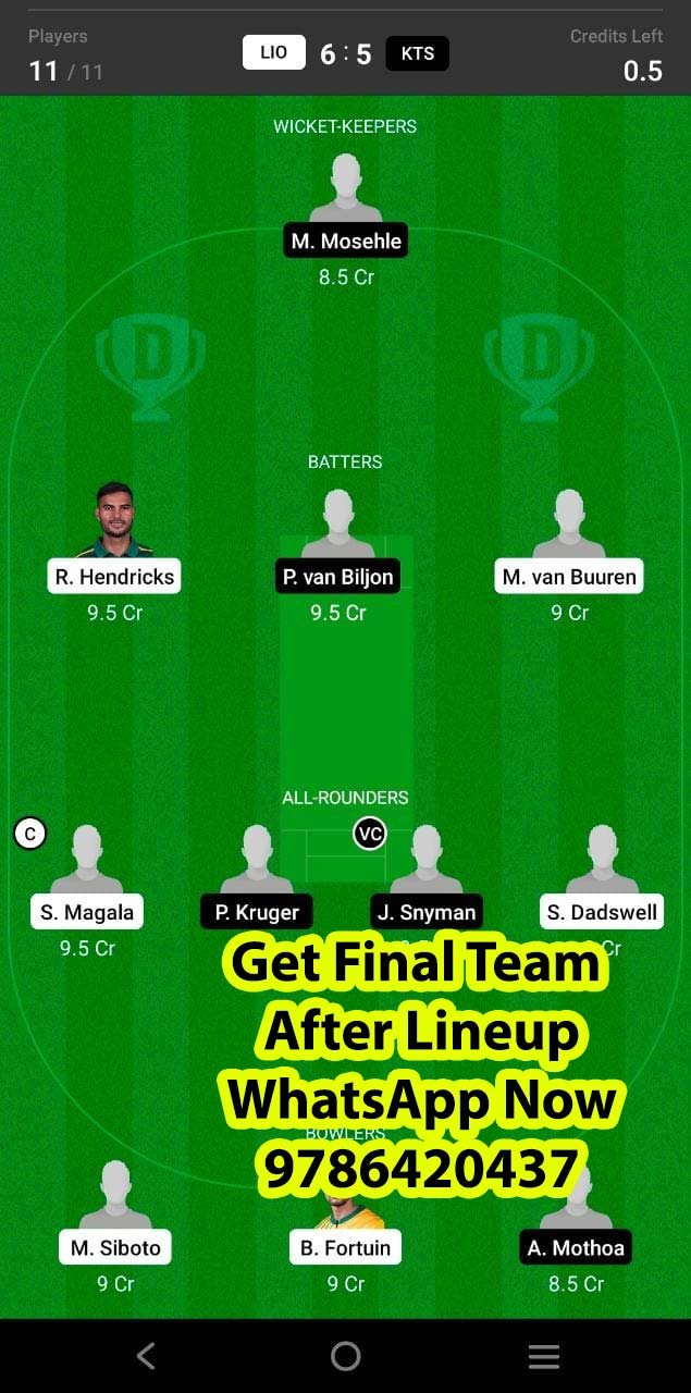 LIO vs KTS 24th Match Dream11 Team fantasy Prediction South African T20 Challenge