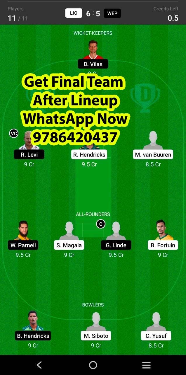 LIO vs WEP 11th Match Dream11 Team fantasy Prediction South African T20 Challenge
