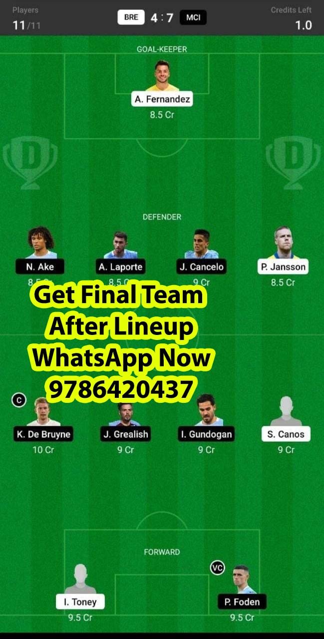 MCI vs BRE Dream11 Team fantasy Prediction Premier League