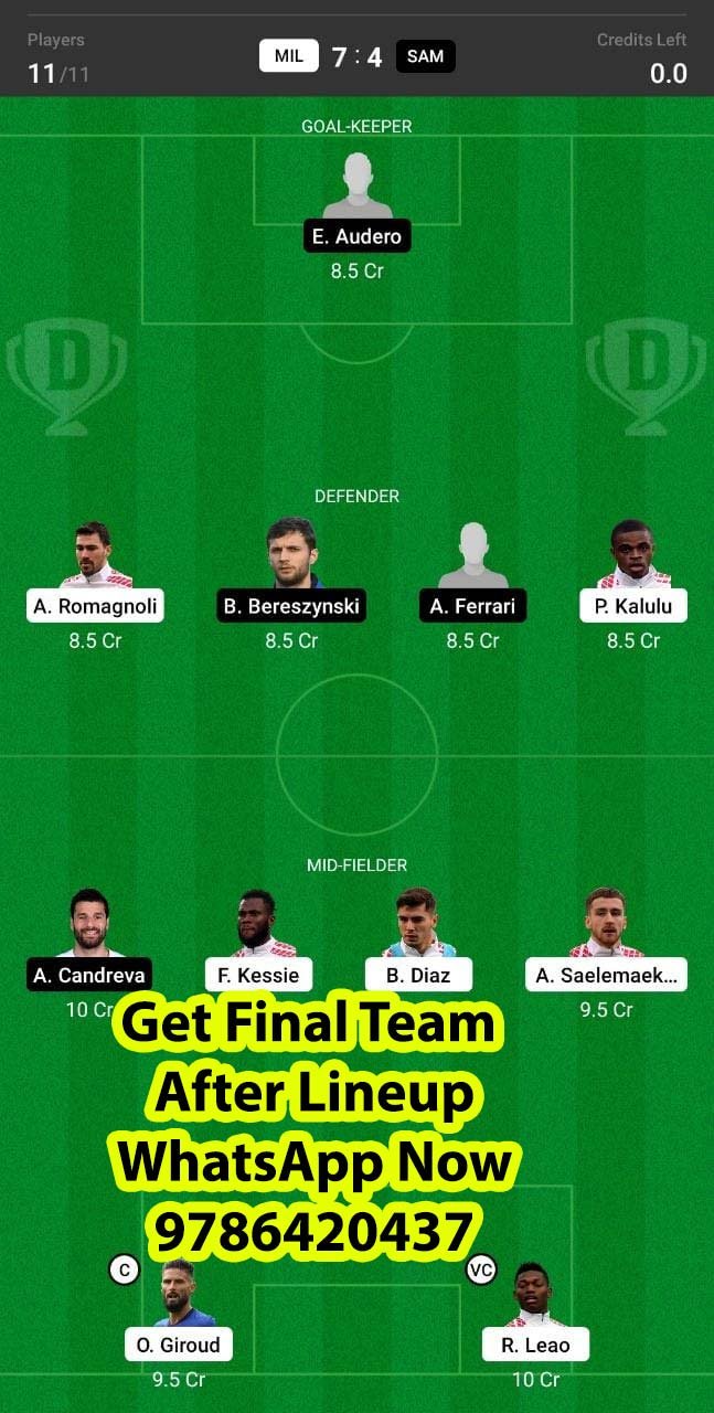 MIL vs SAM Dream11 Team fantasy Prediction Serie A