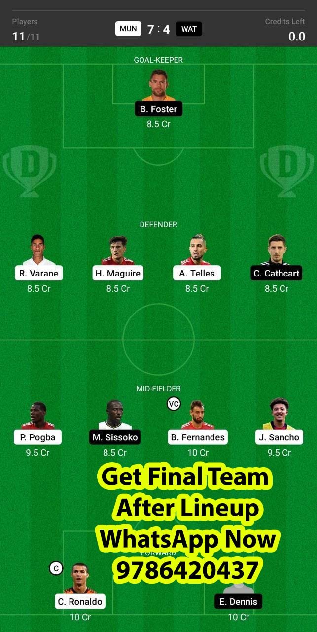 MUN vs WAT Dream11 Team fantasy Prediction Premier League